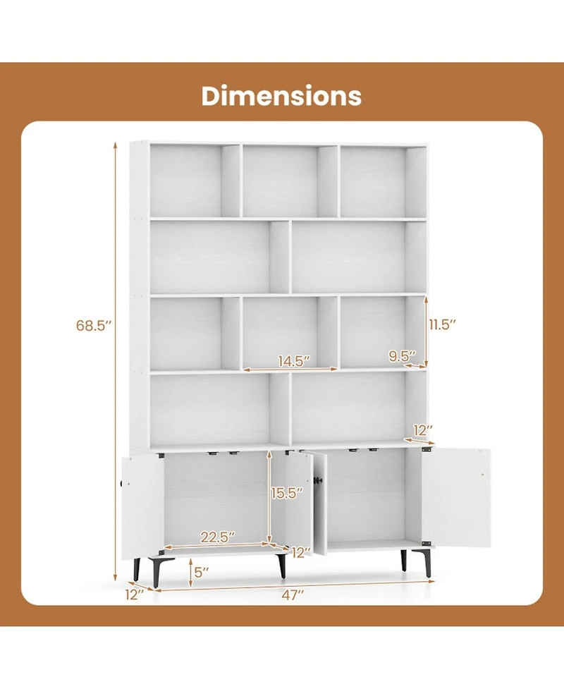Sugift Tall Bookshelf with 4-Door Storage Cabinets and Metal Legs for Home Office