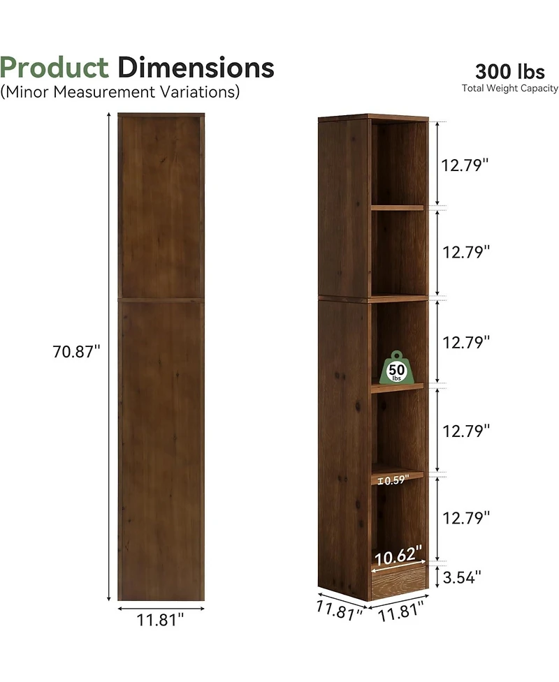 Tribesigns 70.9-Inch Tall Solid Wood Bookshelf, 5-Tier Narrow Bookcase, Freestanding Display Shelves for Living Room Bedroom