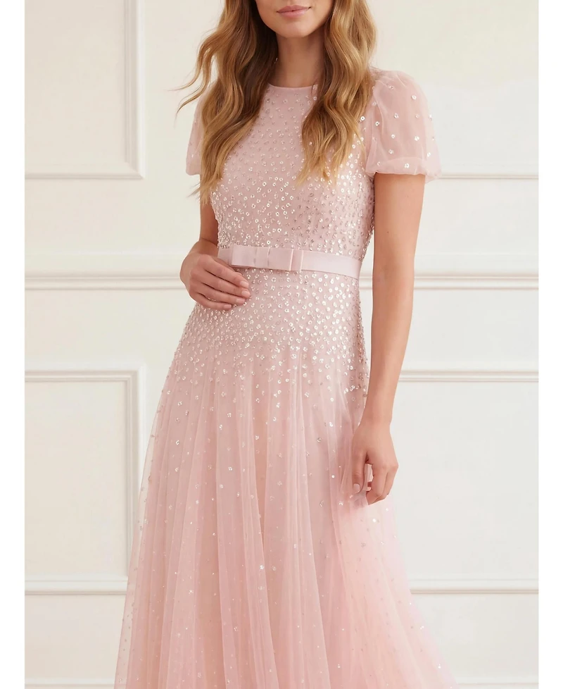 Needle & Thread Women's Sequin Cascade Bow Short Sleeve Gown