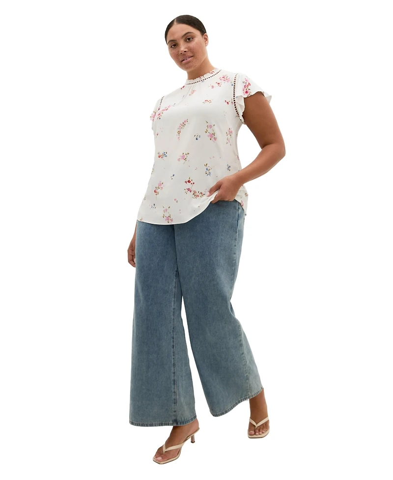 City Chic Plus Fleur Petal Print Top with Frilled-Crew Neckline and Short Flutter Sleeves