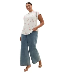 City Chic Plus Fleur Petal Print Top with Frilled-Crew Neckline and Short Flutter Sleeves