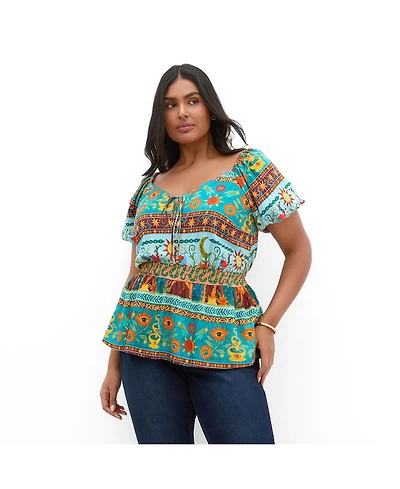 City Chic Plus Amaria Puff-Sleeve Print Tie-Front Top