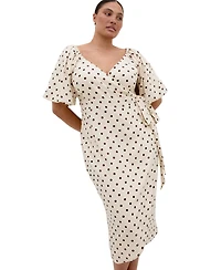 City Chic Plus Claudine Wrap Spot-Print Balloon-Sleeve Midi Dress