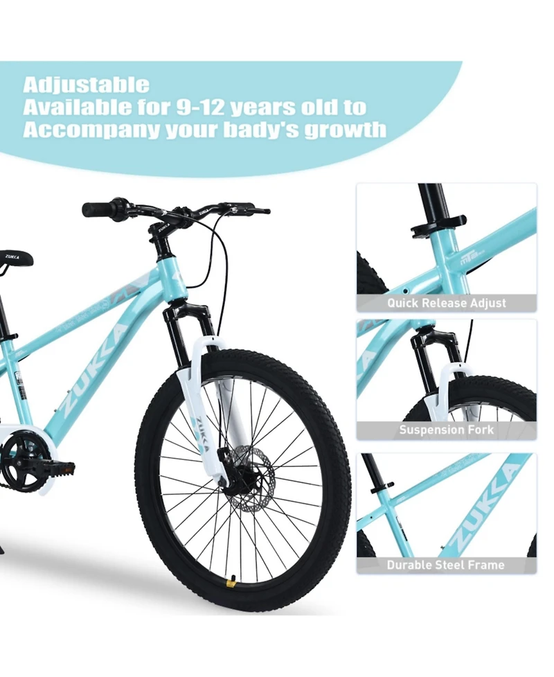 ECHTPeak Mountain Bike 24 Inch Front Suspension Fork Double Disc Brakes, 220 lbs, Ages 9-12