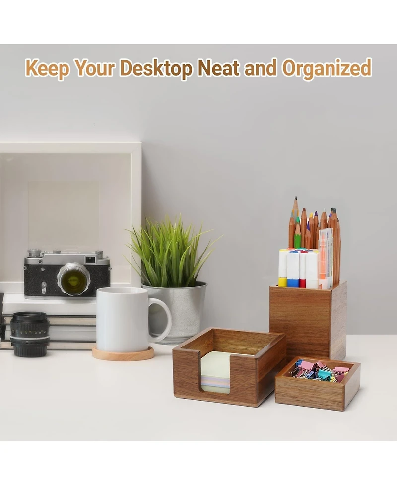 Danrong Brown Wooden Desk Organizer Set Pen Holder Paperclip Sticky Note Storage