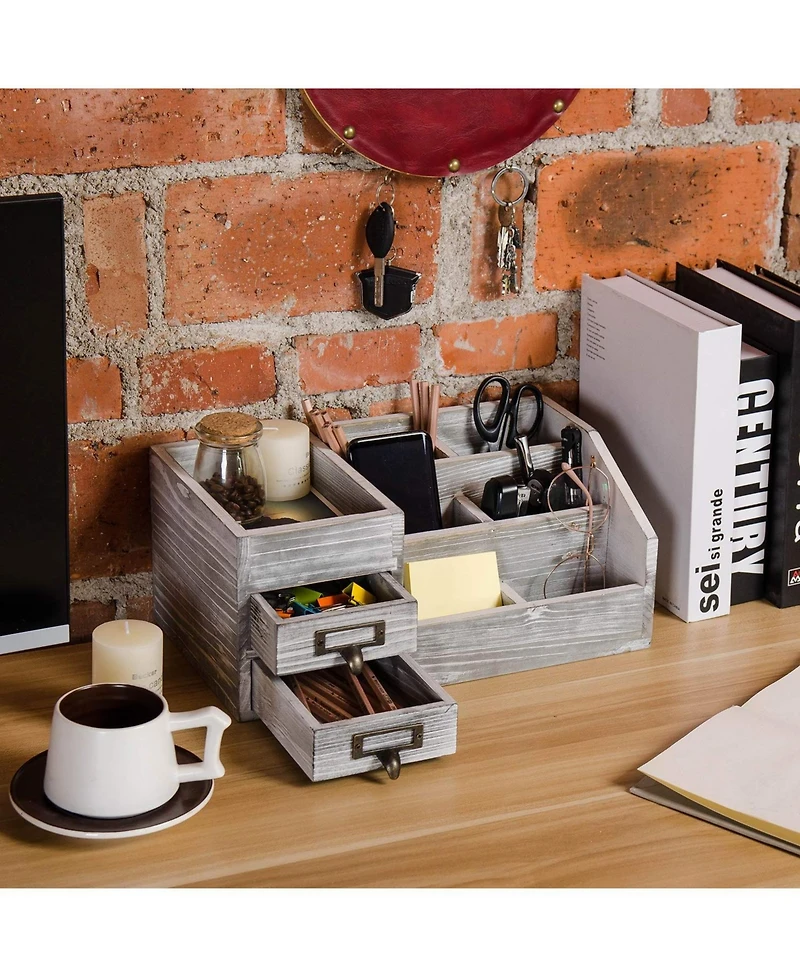 Danrong Rustic Wooden Desktop Organizer 2 Tier Drawers Multi Compartment Storage
