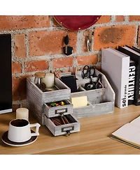 Danrong Rustic Wooden Desktop Organizer 2 Tier Drawers Multi Compartment Storage