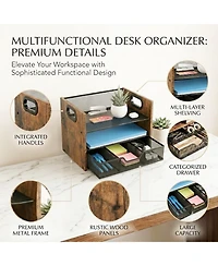 Danrong Wood Desk Organizer 3 Tier Desktop File Tray With Drawer Office Storage For Papers Stationery