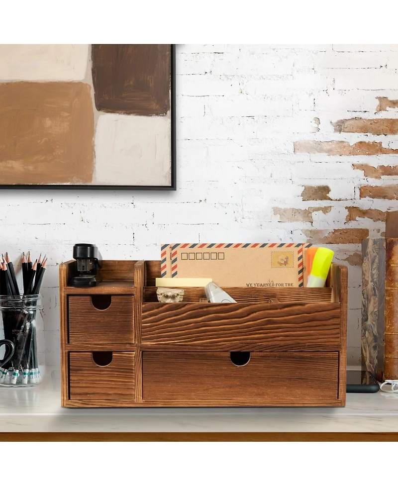 Danrong Deep Roast Solid Wood Desktop Organizer 3 Drawers Multi Compartment Storage