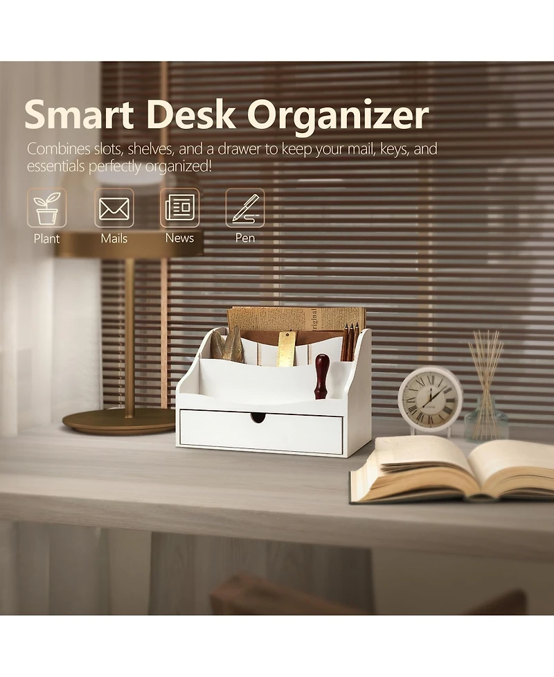 Danrong Rustic Pine Wood Desk Mail Organizer With Removable Dividers Drawer