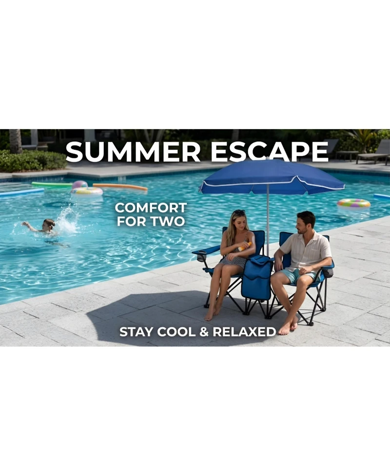ECHTPeak Portable Double Folding Beach Chair Set with Umbrella, 2-Person Outdoor Camping Chair with Cup Holders, Foldable Patio Chair