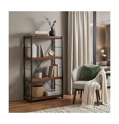 HomeRoots 43" Distressed Metal and Wood Three Tier Etagere Bookcase