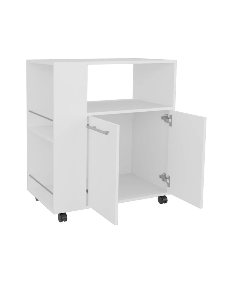 Fm Furniture Linden Kitchen Cart with Microwave Shelf, Open Storage, and Two-Door Cabinet