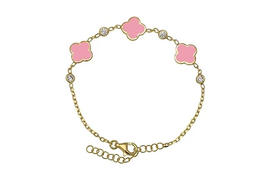Lily Nily Girls Enamel Clovers and Cubic Zirconia Bezel Station Chain Link Bracelet in 14K