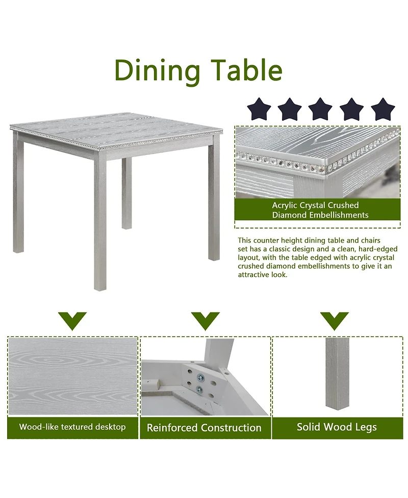 Flynama 5-Piece Wooden Dining Table Set with Upholstered Chairs, Crystal Accent Square Dining Set for Kitchen and Dining Room