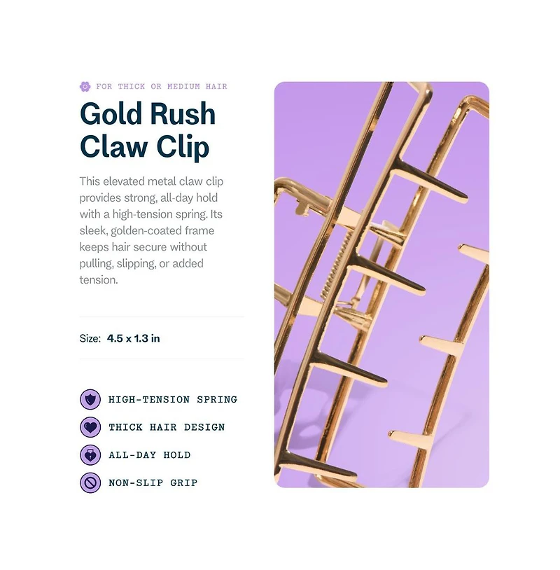 Gimme Beauty Gold Rush Claw Clip Metal, Rectangle Clip for Long, Thick and Curly Hair Comfortable and Fashionable