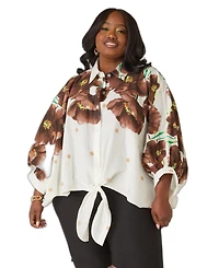 Ashley Stewart Plus Tie-Front Floral Short-Sleeve Shirt