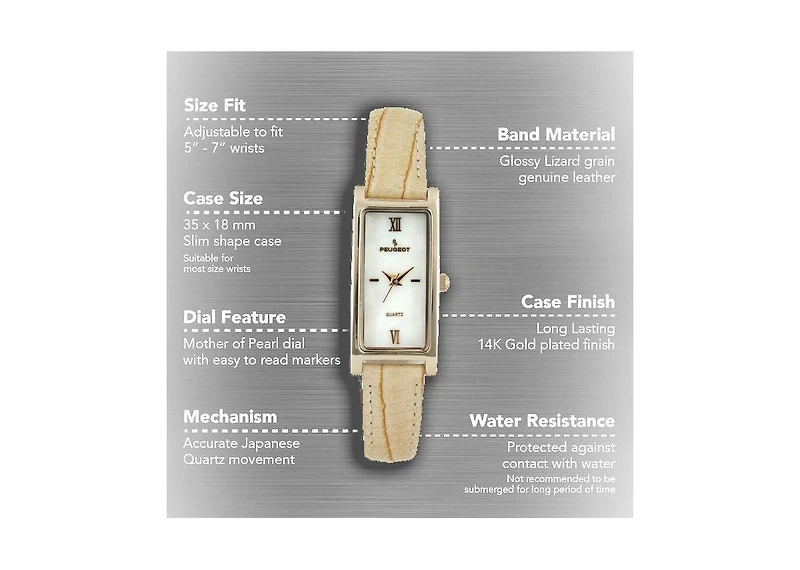 Peugeot Women 35x18mm Rectangular Watch Glossy Tan Leather Strap