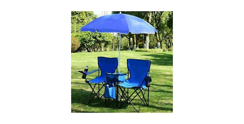 Mountaintop Double Folding Picnic Chairs w/Umbrella Mini Table Beverage Holder Carrying Bag for Beach Patio Pool