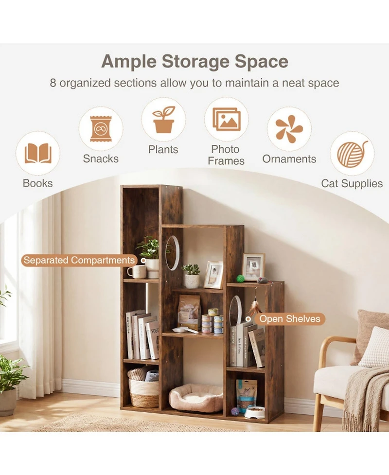 Sugift Modern Cat Bookshelf Cat Tree 8-Section Storage Cabinet with 2 Round Hideaway Holes