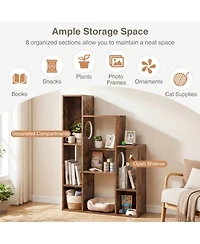 Sugift Modern Cat Bookshelf Cat Tree 8-Section Storage Cabinet with 2 Round Hideaway Holes