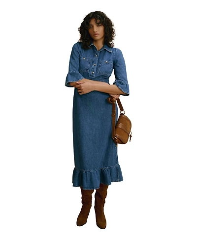 Mint Velvet Women's Denim Ruffle-Hem Midi Shirt Dress
