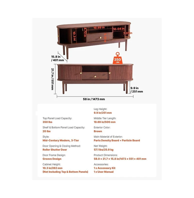 Slickblue Entertainment Center for TVs up to 58 Inch with Storage Drawer, Open Shelves and Rolling Door