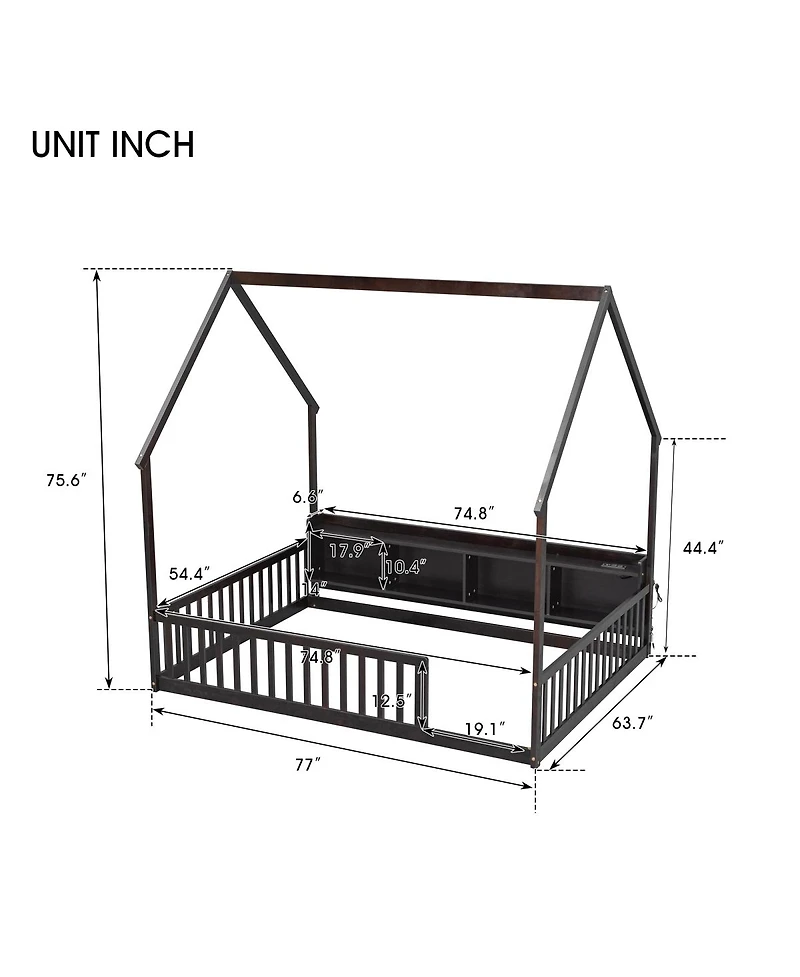 Streamdale Furniture Full House Floor Bed with Storage, Led, Charging Station and Guardrails