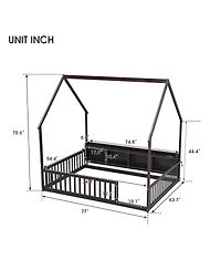 Streamdale Furniture Full House Floor Bed with Storage, Led, Charging Station and Guardrails