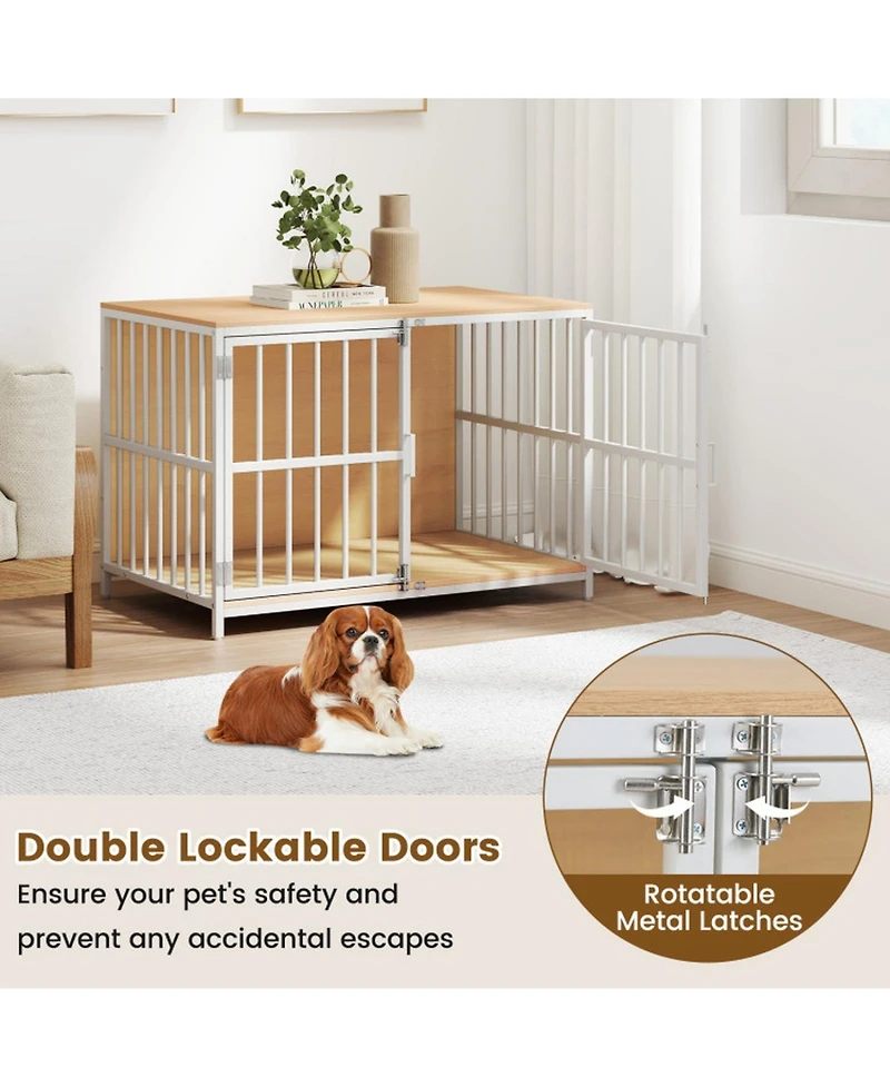 Sugift 40 Inch Dog Crate Furniture Kennel Side Table with Dual Lockable Double Doors