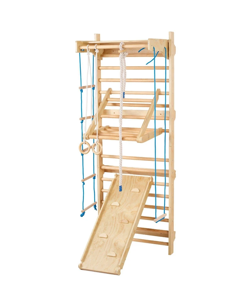 Slickblue 8 in 1 Wooden Wall Gym Ladder with Swing and Climbing Accessories, 220 lbs Capacity, Ages 3-10