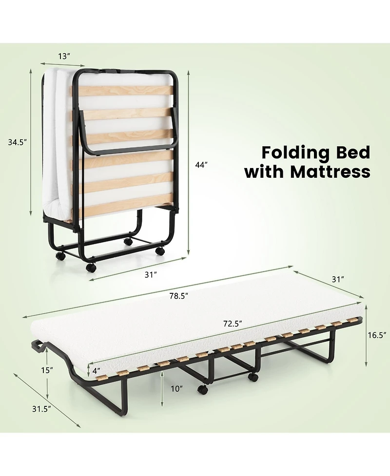 Mecale Twin Folding Rollaway Bed with 4 in Foam Mattress, Lockable Wheels