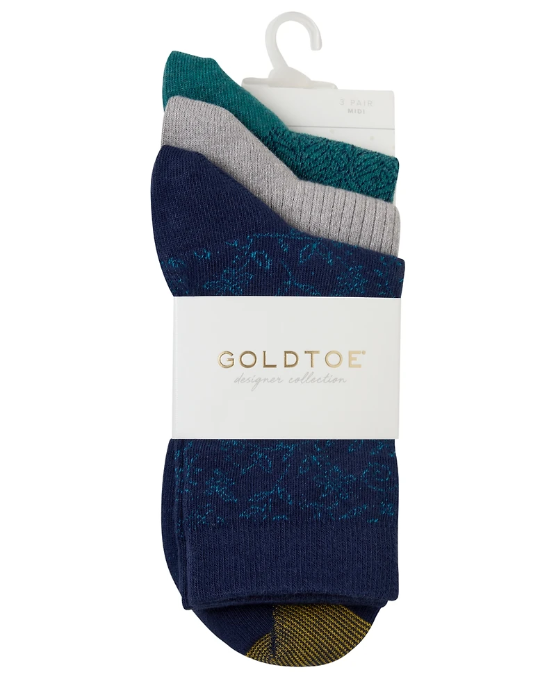 Gold Toe Women's Botanical Ribbed Reinforced-Toe Midi Socks, 3-Pack