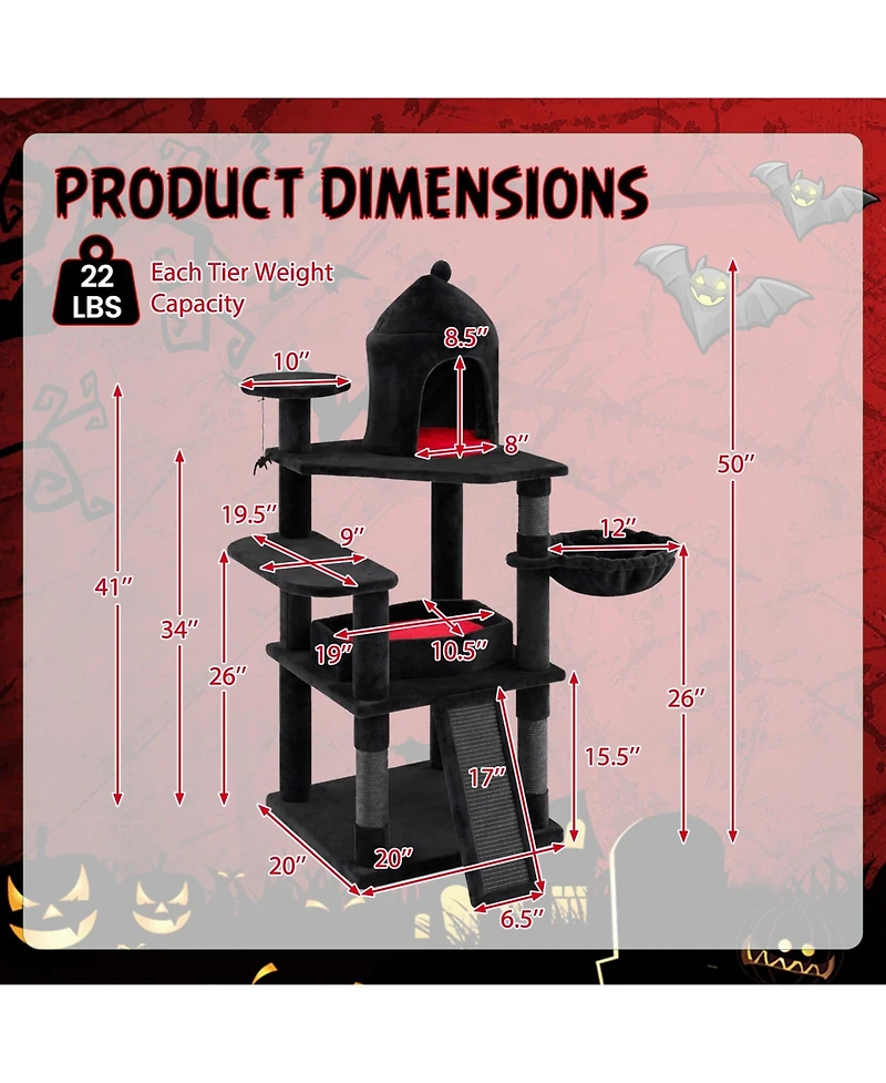 Gymax Gothic Cat Tree 50'' Large Cat Tower with House Coffin Bed Spider Hanging Ball