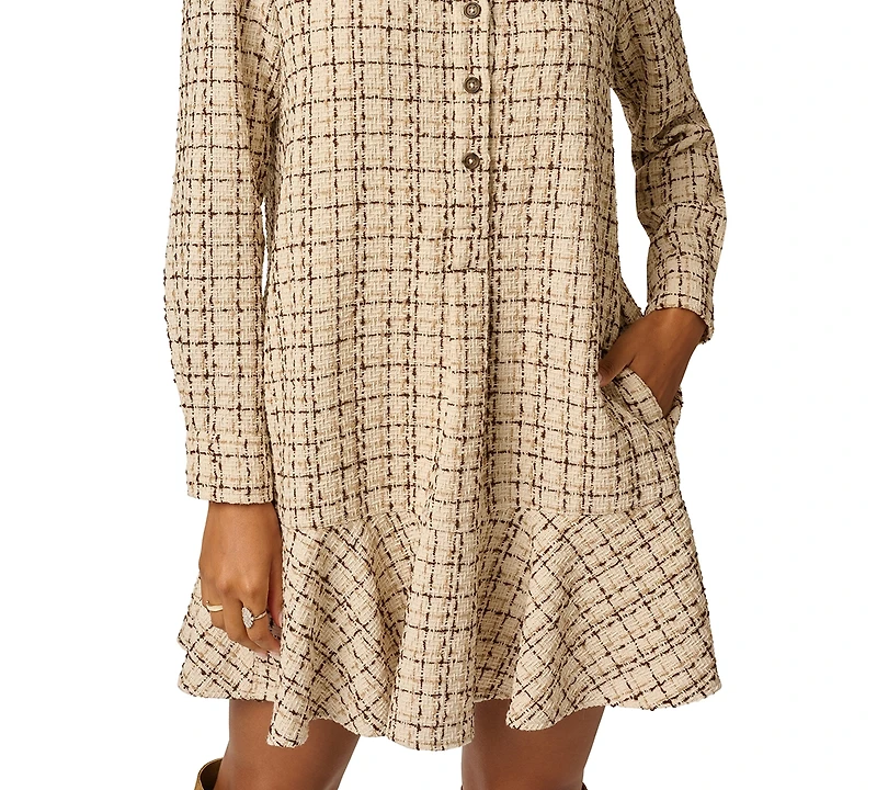 Adrianna Papell Women's Hailey Tweed Long-Sleeve Ruffled-Hem Shirt Dress