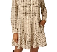 Adrianna Papell Women's Hailey Tweed Long-Sleeve Ruffled-Hem Shirt Dress