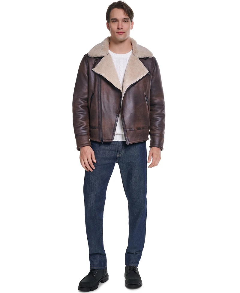 Karl Lagerfeld Paris Men's Asymmetrical Shearling Moto Jacket