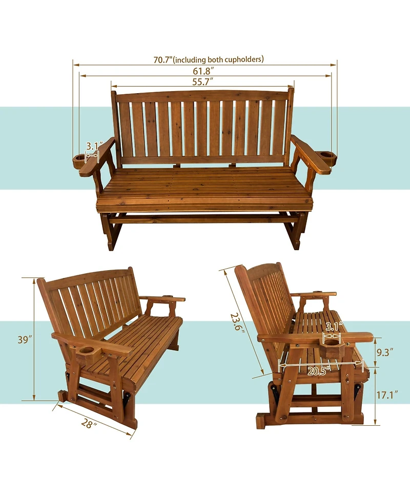 Innovaze 3 Seater Outdoor Wooden Glider Chair, Contoured Patio Bench with Built In Cup Holders for Comfortable Porch and Backyard Relaxation