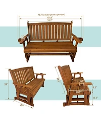 Innovaze 3 Seater Outdoor Wooden Glider Chair, Contoured Patio Bench with Built In Cup Holders for Comfortable Porch and Backyard Relaxation