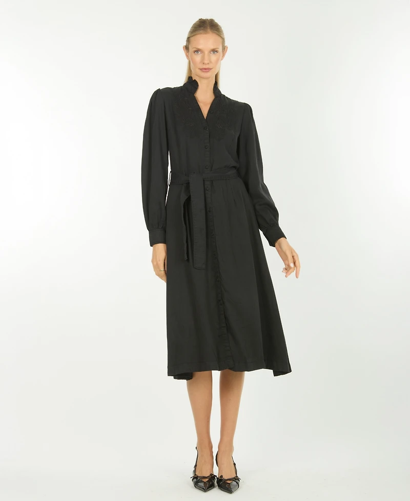 Super Natural by Secret Mission Women's Embroidered Shirt Midi Dress with Self Belt