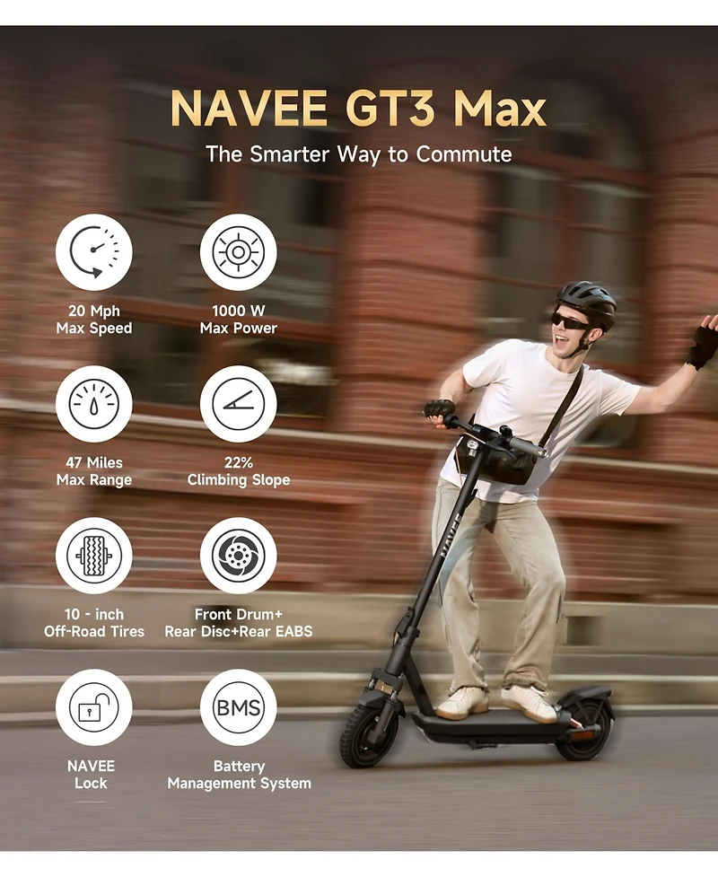 Navee GT3 Max Electric Scooter with 46.6miles Max Operating Range and 20mph Max Speed