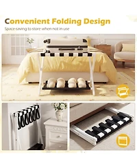 Sugift Folding Solid Rubberwood Luggage Rack for Guest Room with 2-Tier Nylon Shelves