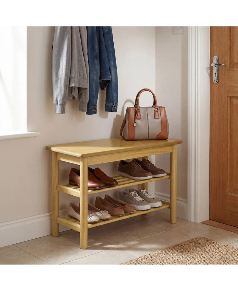 Sugift 3-Tier Rubberwood Shoe Rack Bench with Slatted Shelves and 485 Pound Seat