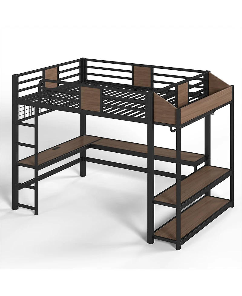 Streamdale Furniture Queen Loft Bed with L-Shaped Desk, Shelves, Lights, and Usb Ports