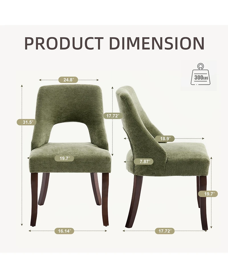 Flynama Set of 2 Tufted Chenille Dining Chairs, Curved Rubberwood Legs 300lbs Capacity Space Saving Design