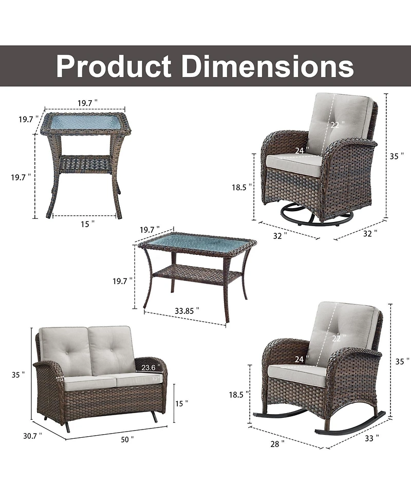 Bellefurn 8-Piece All-Weather Outdoor Wicker Backyard Family Conversation Set with Glider Loveseat, Rocking Chairs, Swivel Chairs and Tables