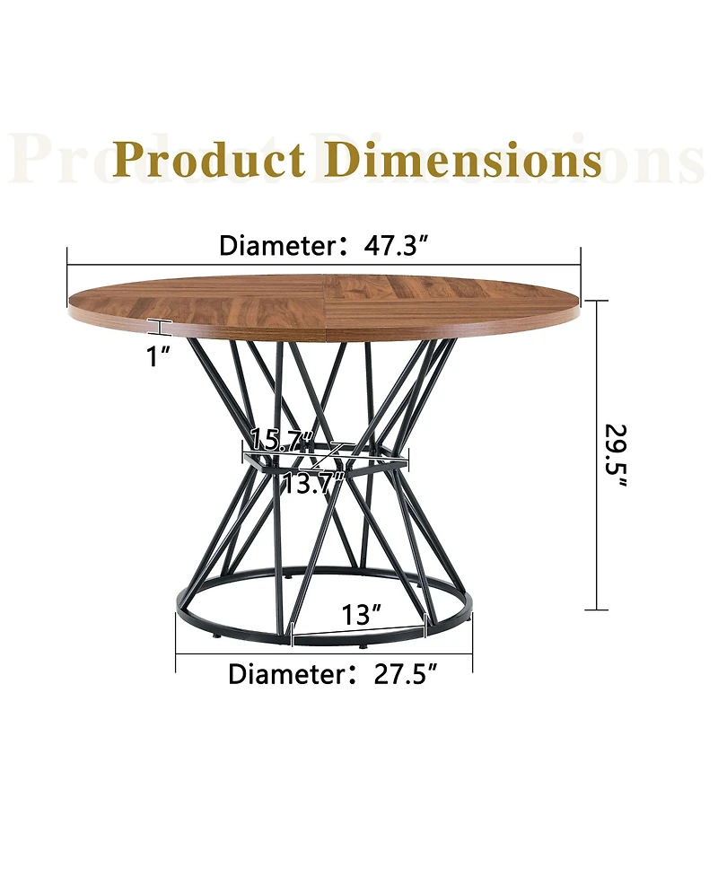 Flynama 47.3 Inch Walnut Wood Grain Round Dining Table with Hourglass Metal Bracket for 4-6 People