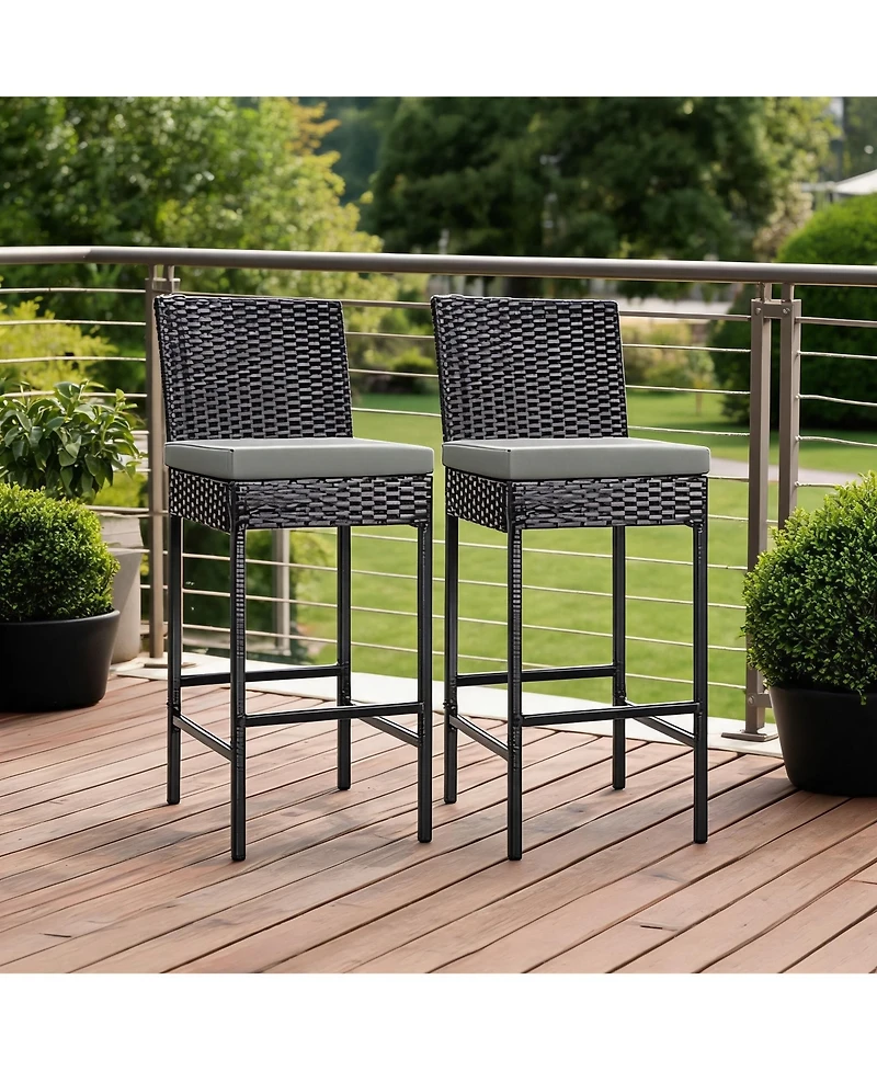 homfan Set of 2 Outdoor Wicker Bar Stools with Cushions, Rattan Counter Height Bar Chairs with Footrest