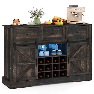 Sugift 52 Inch Wine Bar Cabinet with Led Lights Sliding Barn Doors and Glass Racks