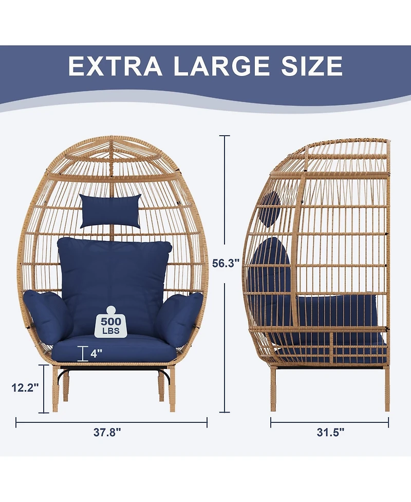 Wicker Egg Chair, Oversized Indoor Outdoor Lounge Chair with Soft Thick Cushion, 500 Lbs Capacity for Balcony, Living Room, Backyard